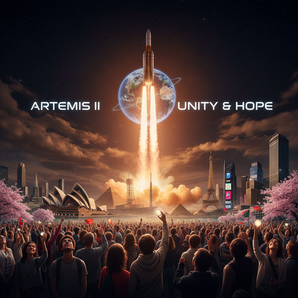 Rocket launching above global landmarks with text ARTEMIS II and UNITY & HOPE.