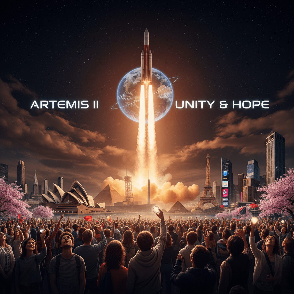 Rocket launching above global landmarks with text ARTEMIS II and UNITY & HOPE.