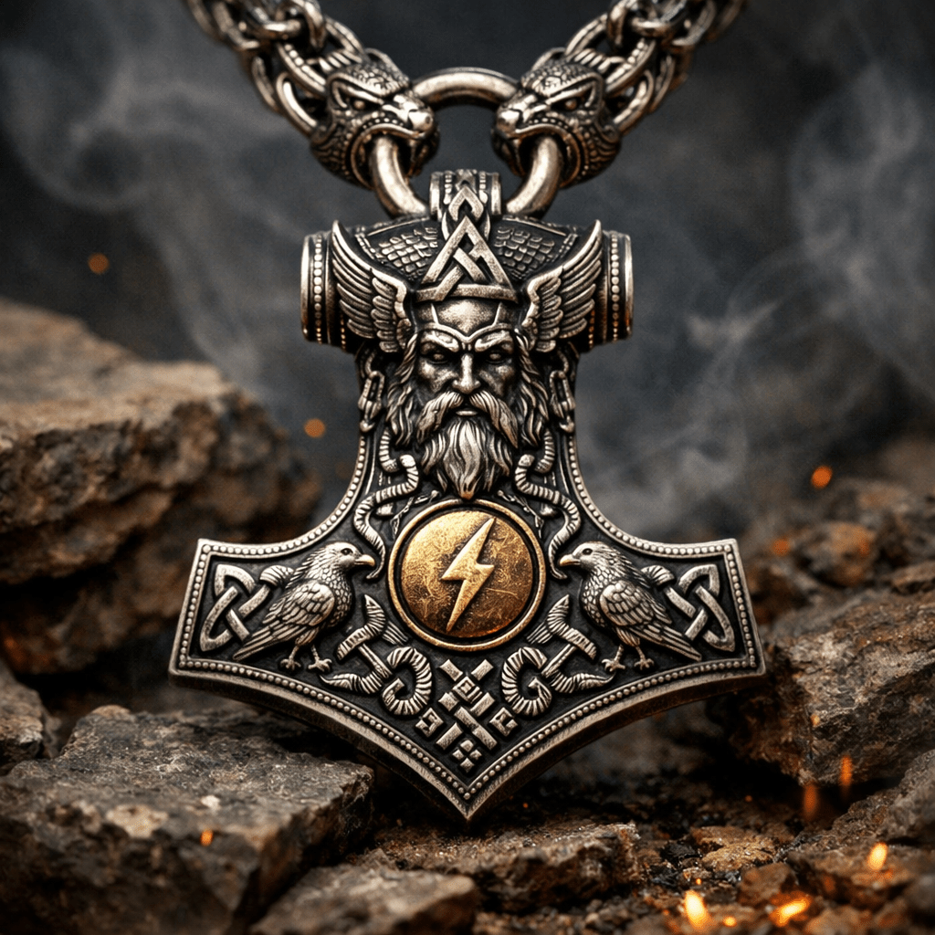 Viking Mjolnir pendant with Thor's face, ravens, and lightning symbol