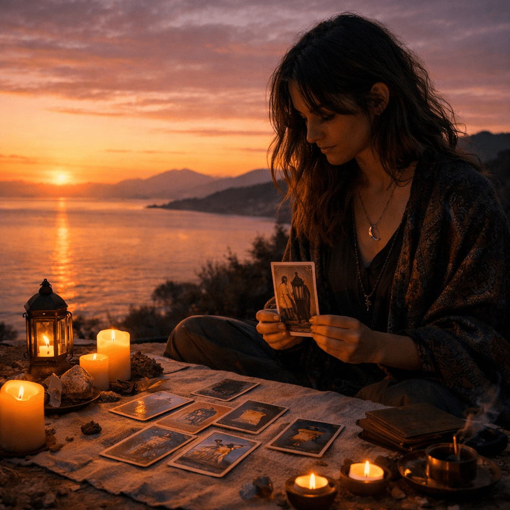 Woman holding a tarot card surrounded by lit candles near a coastal sunset