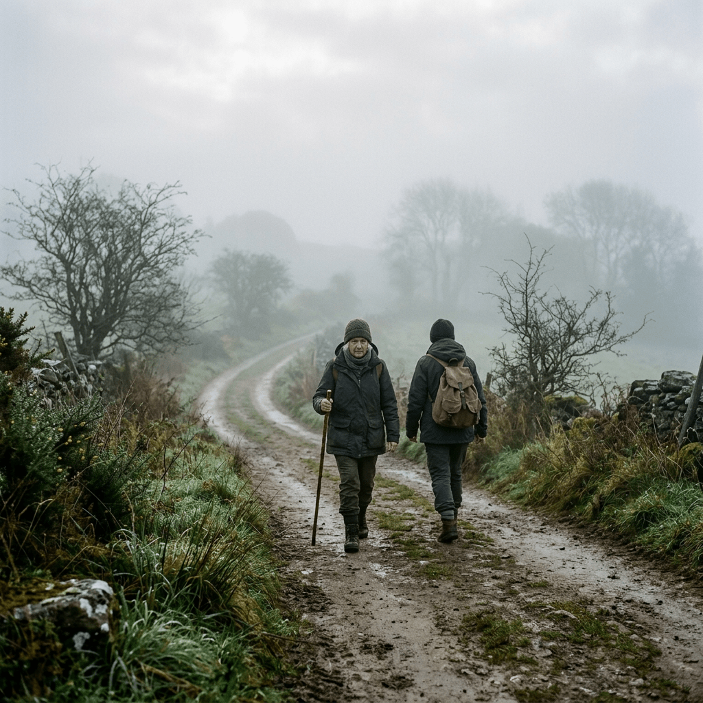 Two hikers walking on a muddy trail on a foggy day with leafless trees and shrubs