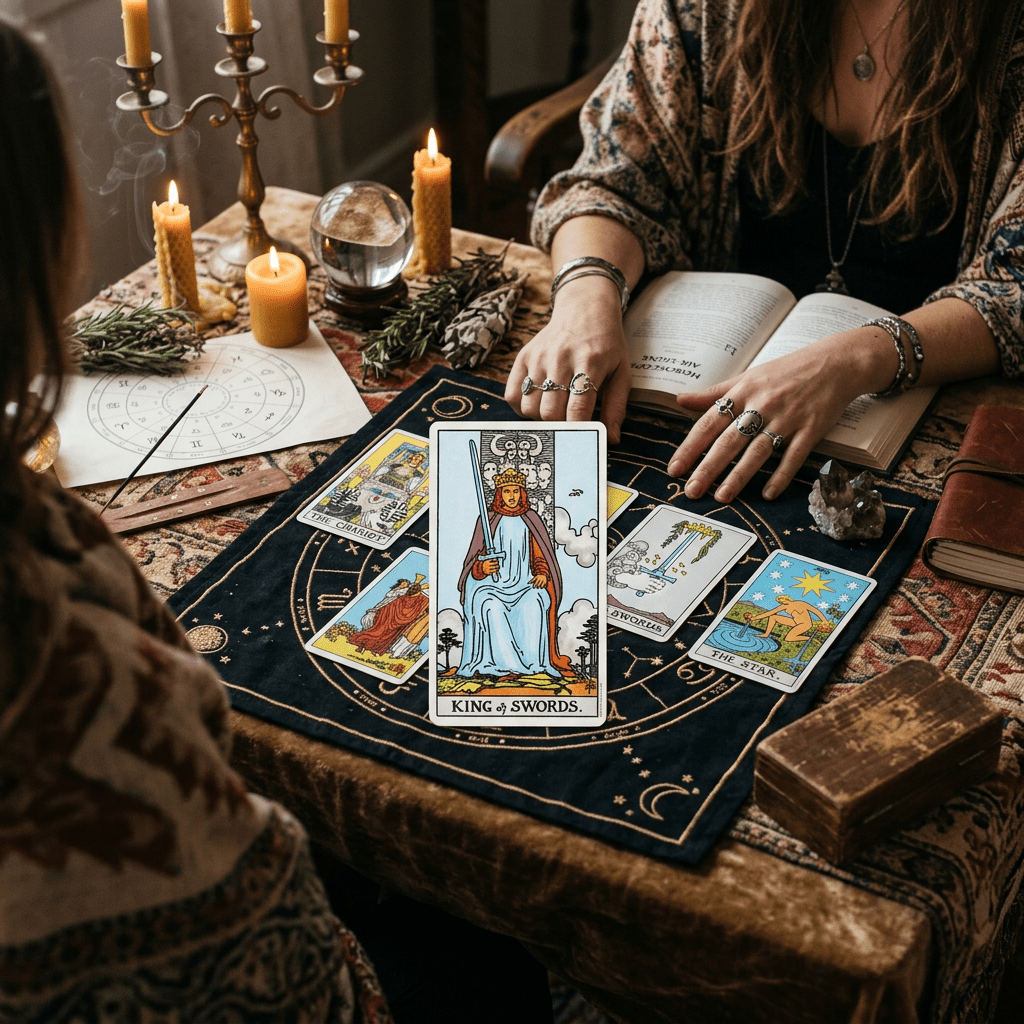 Tarot cards laid out on cloth, candles burning, and a reader with rings and jewelry.