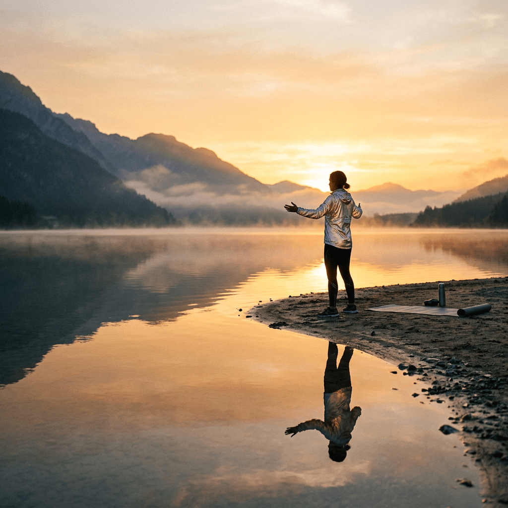 Person standing on lakeshore with arms outstretched during sunrise, mountains and mist in background