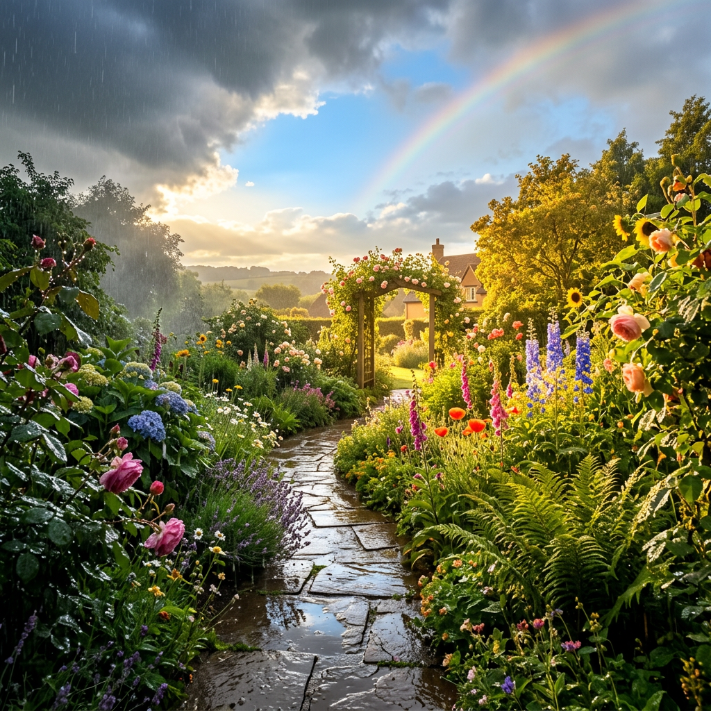 A stone path through a blooming garden with sunflowers, roses, ferns, and a rainbow in the sky