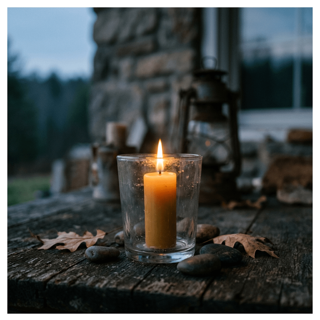 Lit yellow candle in glass holder on weathered outdoor wooden table surrounded by stones and dry leaves