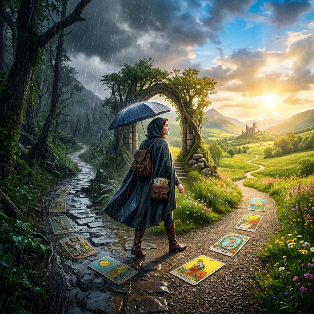 Woman with umbrella standing at a crossroad with tarot cards on wet and sunny paths