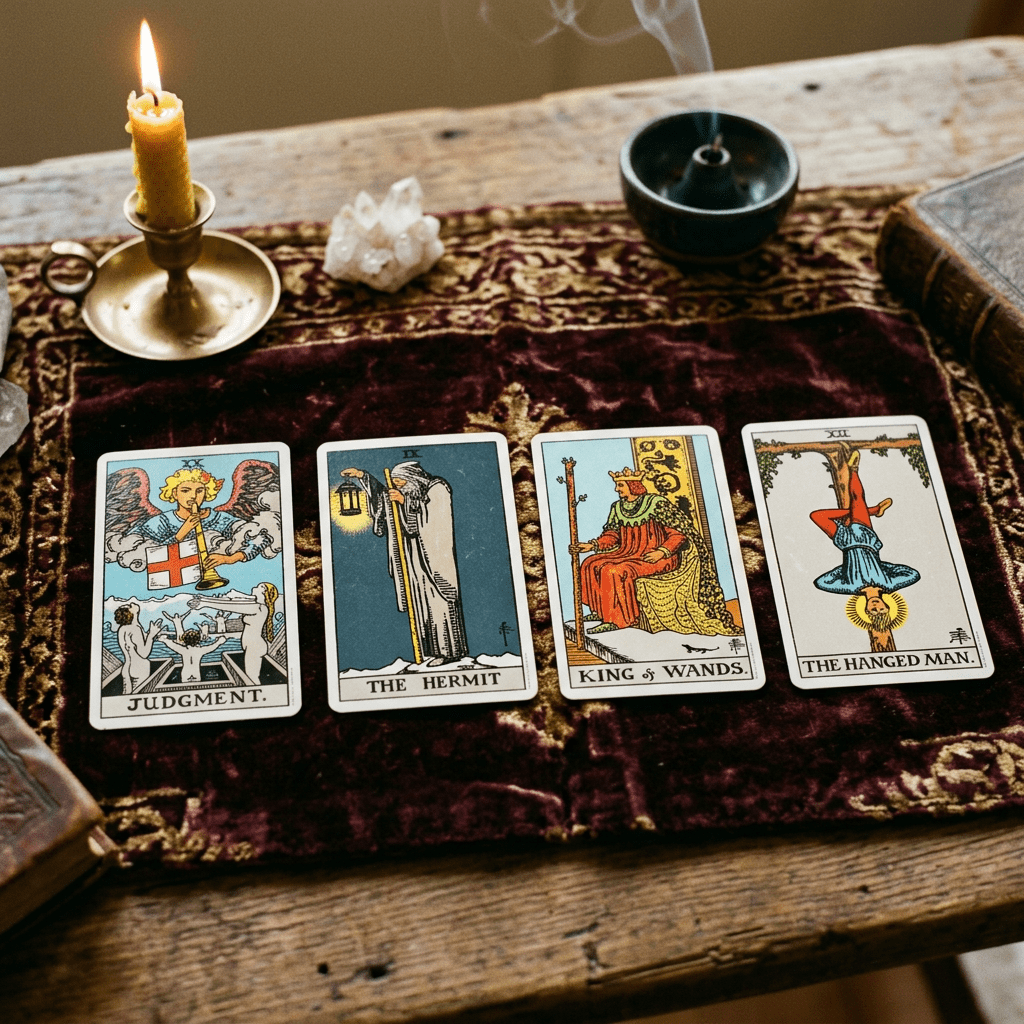 Four tarot cards on a red velvet cloth with a lit candle, an incense burner, and crystals.