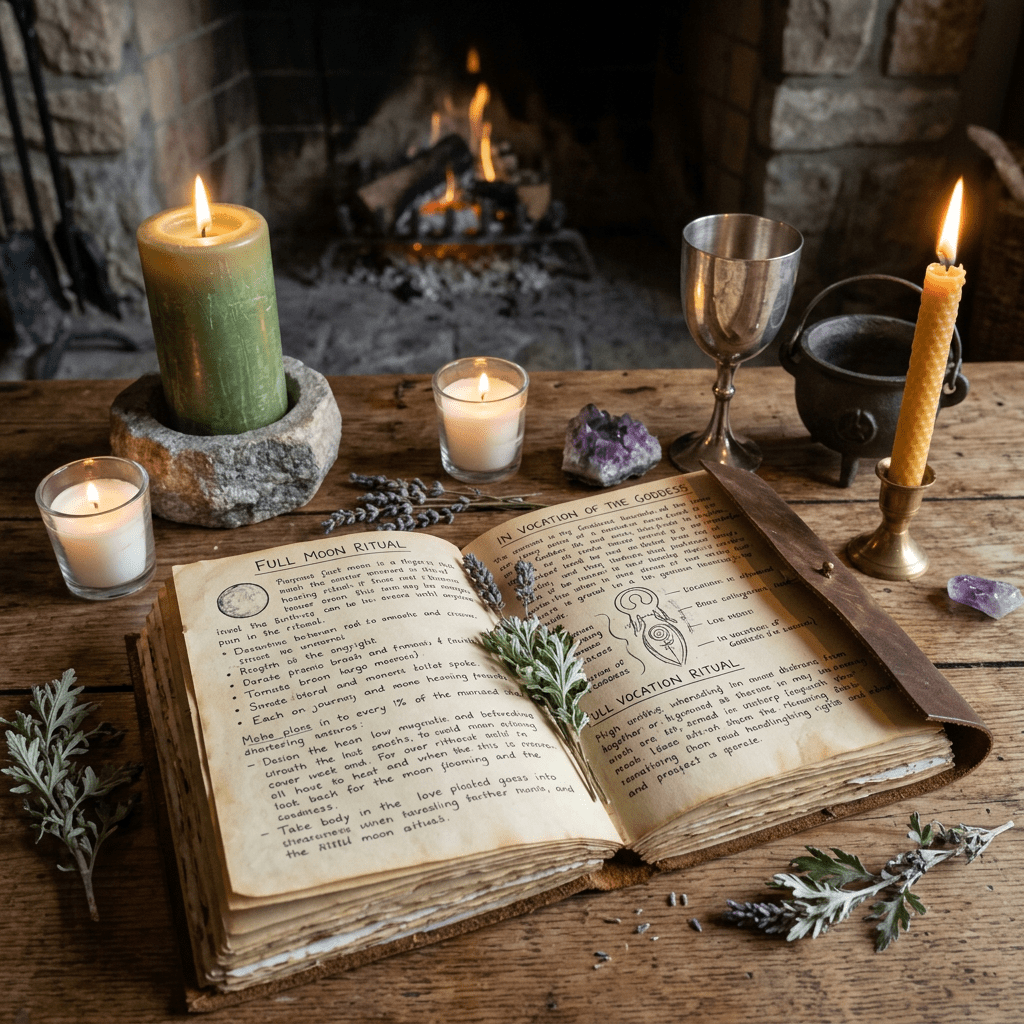Pagan hearth journal with rituals and candles