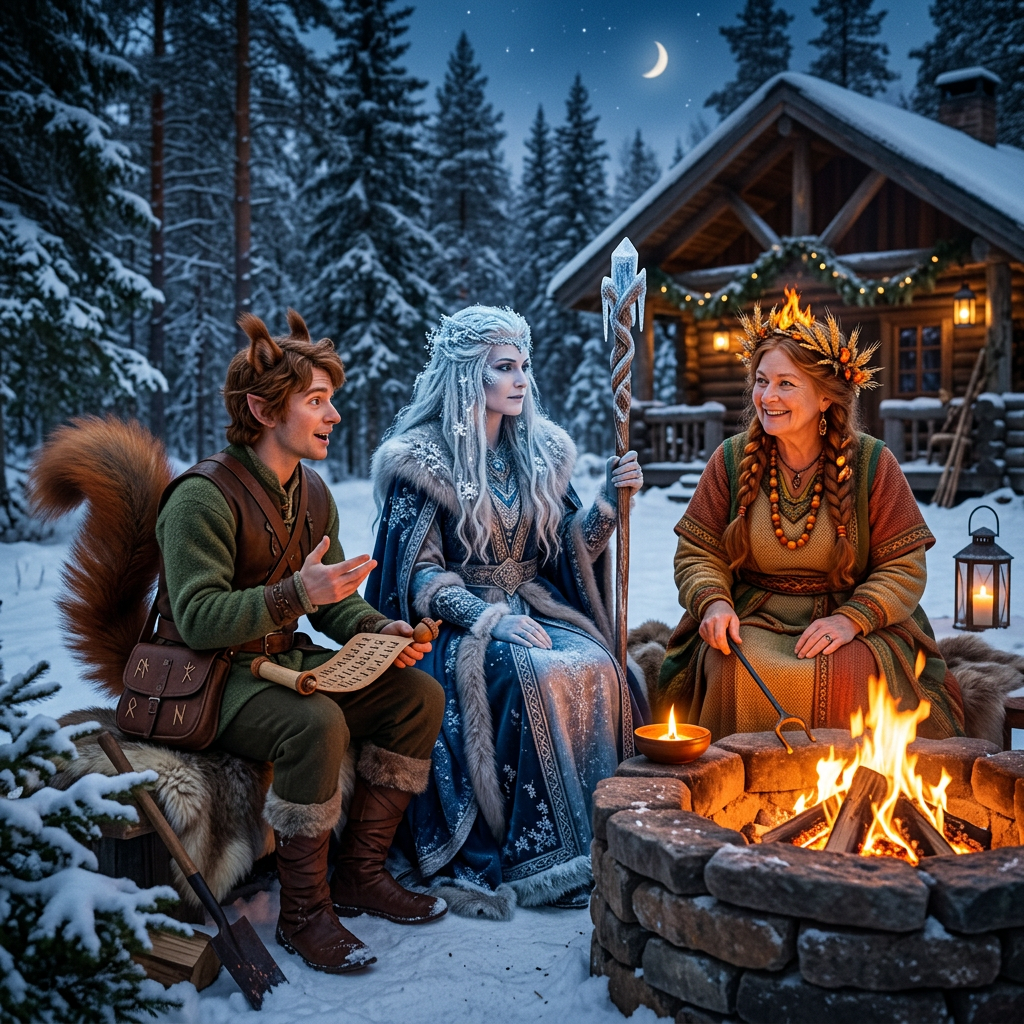Three fantasy characters sitting around a campfire in a snowy forest, one with animal features, one dressed in ice-themed robes, and one with a flame crown.