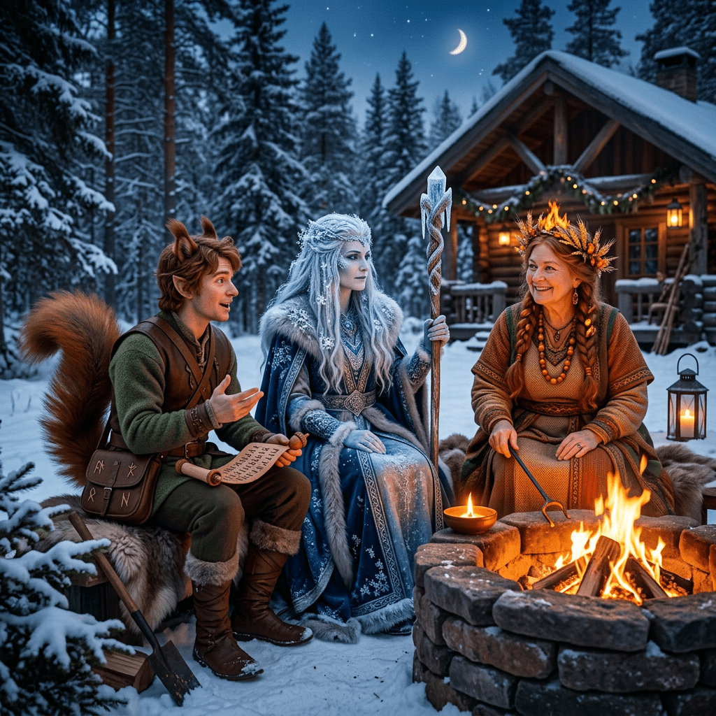 Three fantasy characters sitting around a campfire in a snowy forest, one with animal features, one dressed in ice-themed robes, and one with a flame crown.