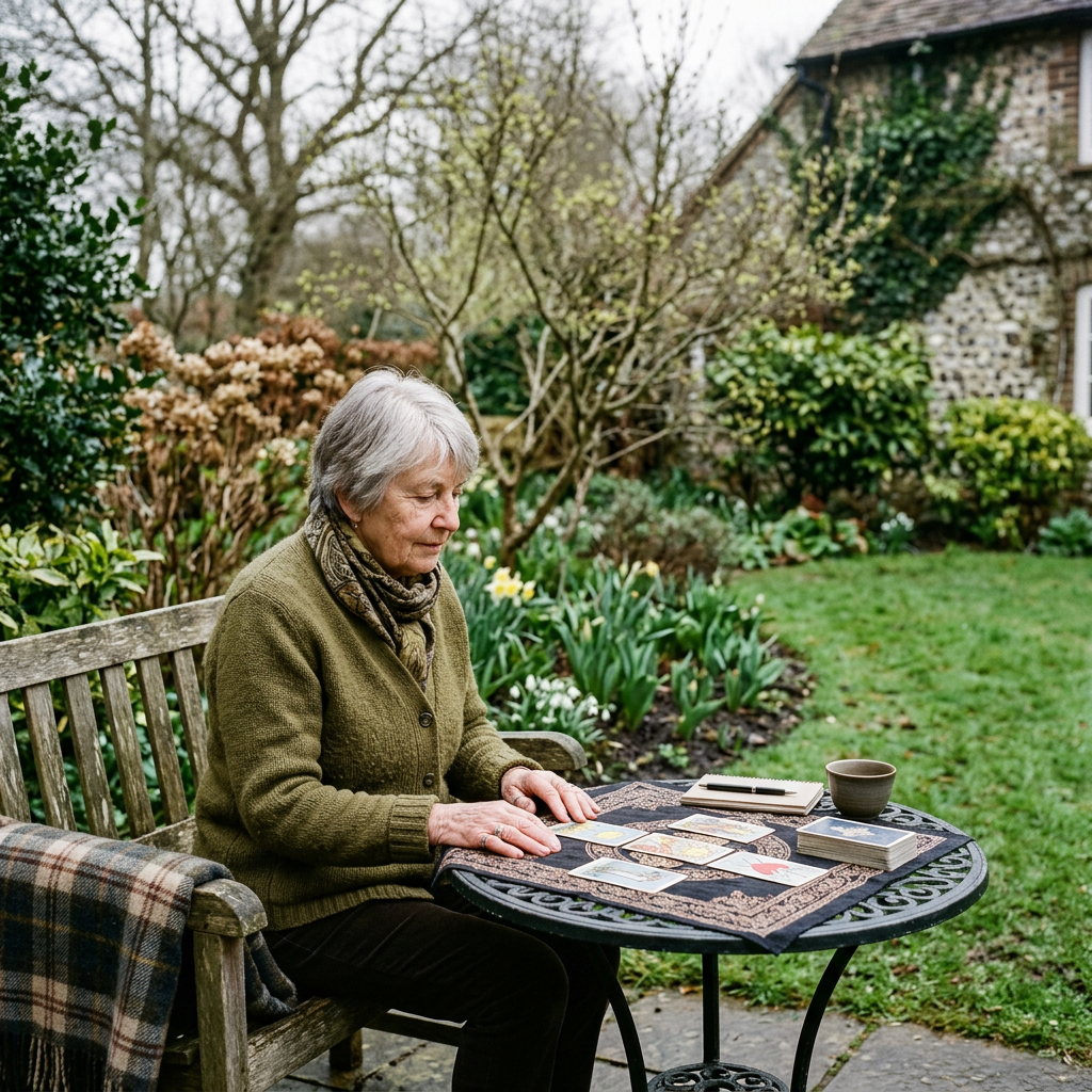 Elderly woman sitting at garden table with tarot cards spread out