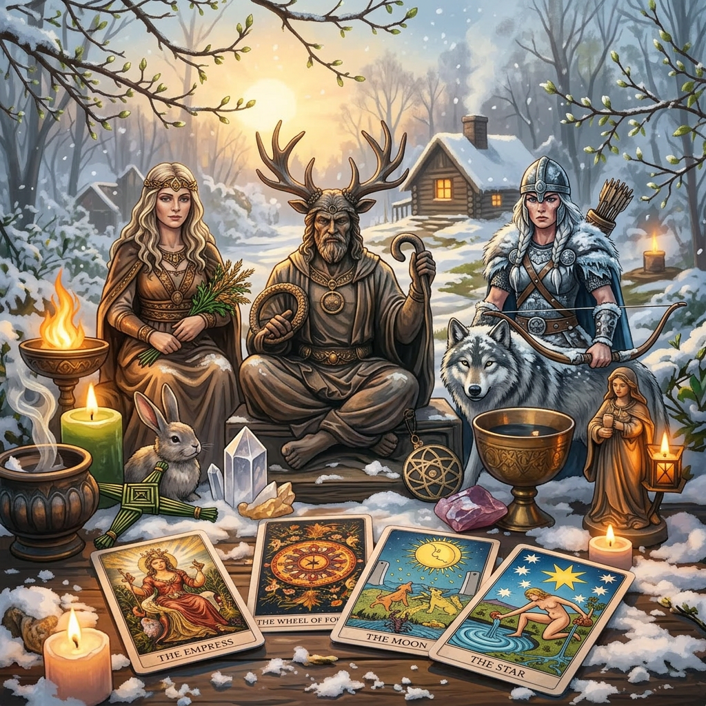 Pagan altar with statues of deities, tarot cards, candles, and crystals in snowy outdoor setting