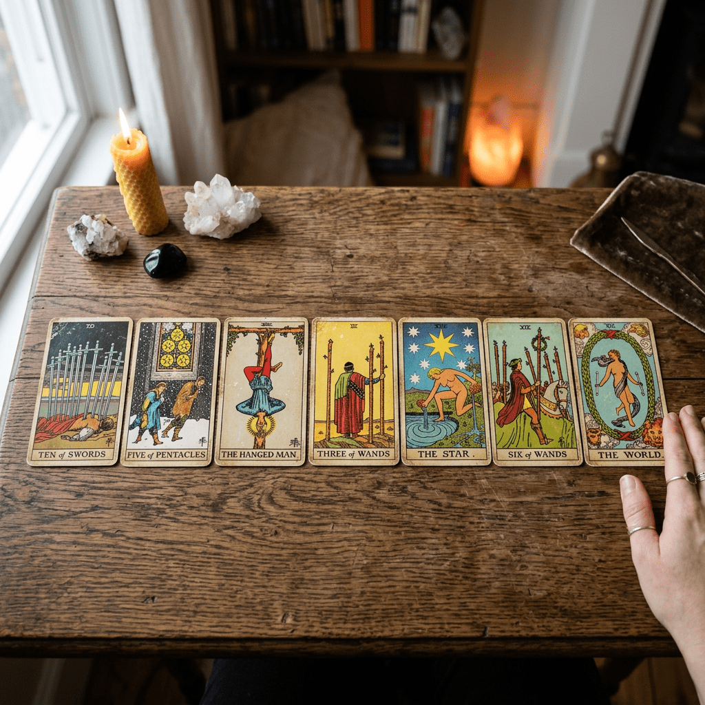 Seven tarot cards spread in a row on a wooden table with crystals and a lit candle nearby