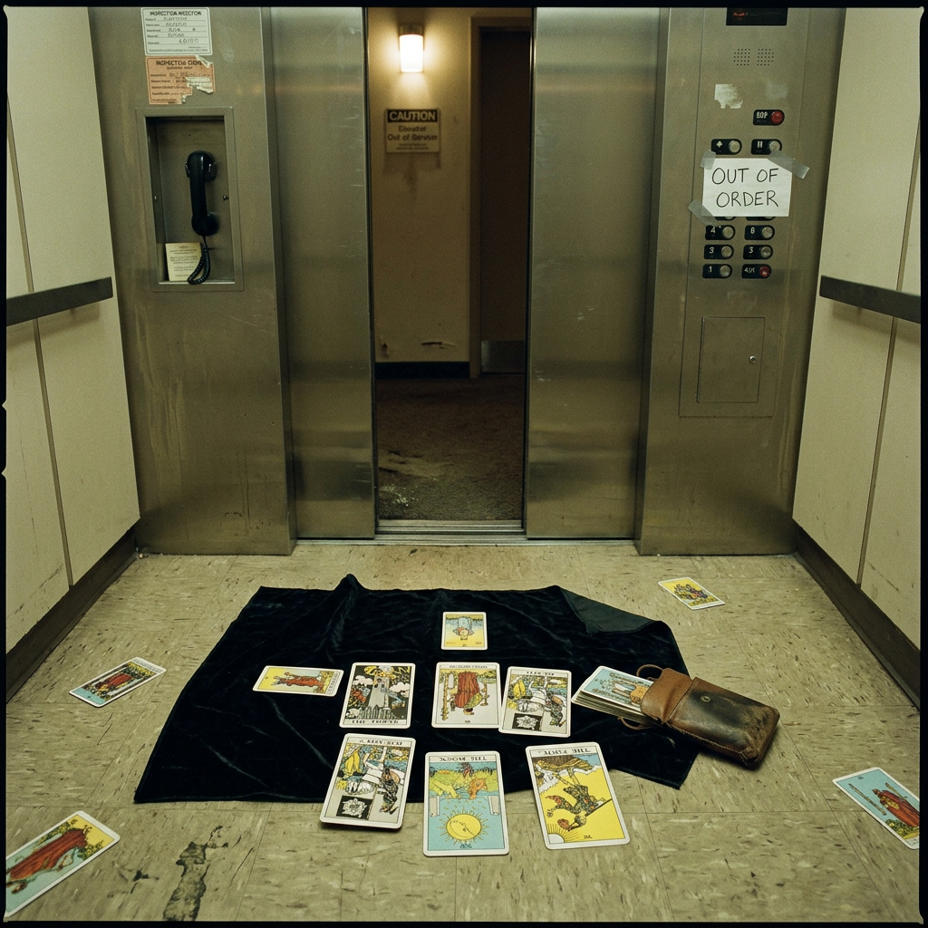 Tarot cards spread on a cloth in front of an elevator with out of order sign