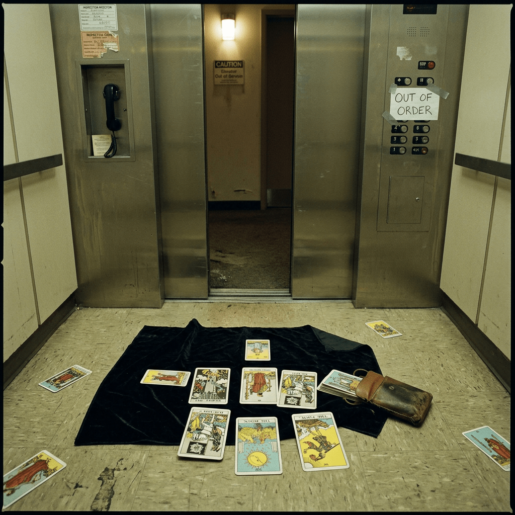Tarot cards spread on a cloth in front of an elevator with out of order sign