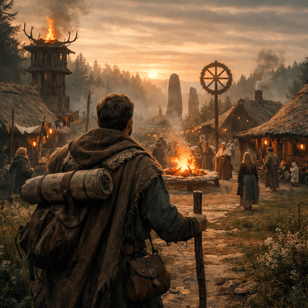 A traveler approaching a medieval village festival with bonfire and gathered people