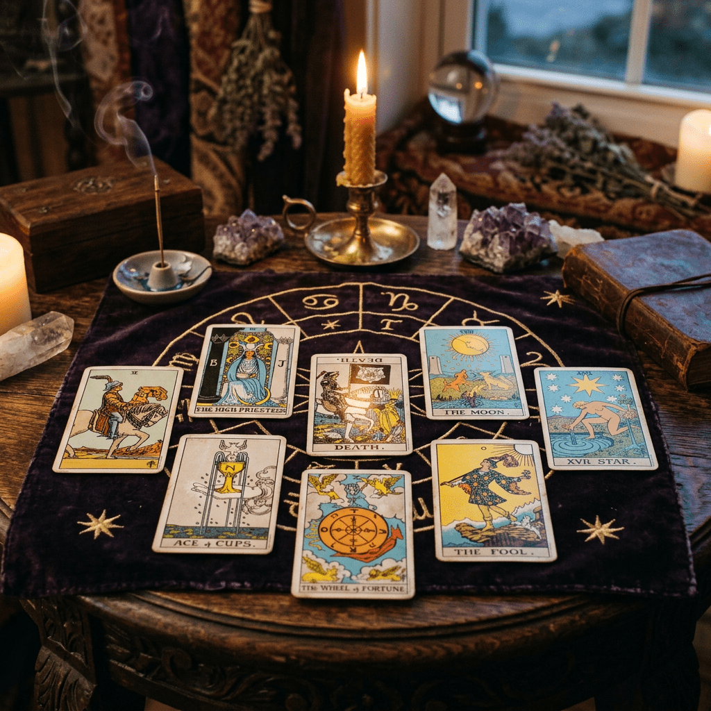 Eight tarot cards arranged on a zodiac-themed cloth with crystals, candles, and incense nearby
