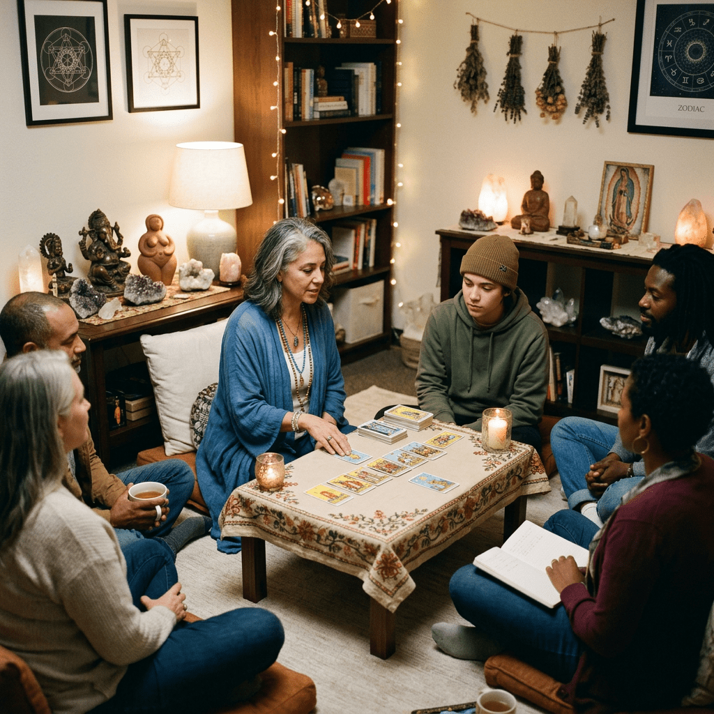 Five people sitting in a circle around a table with tarot cards and candles