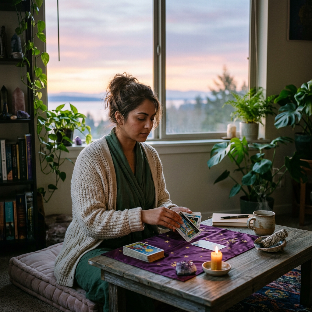 Woman shuffling tarot cards at wooden table with candle and plants