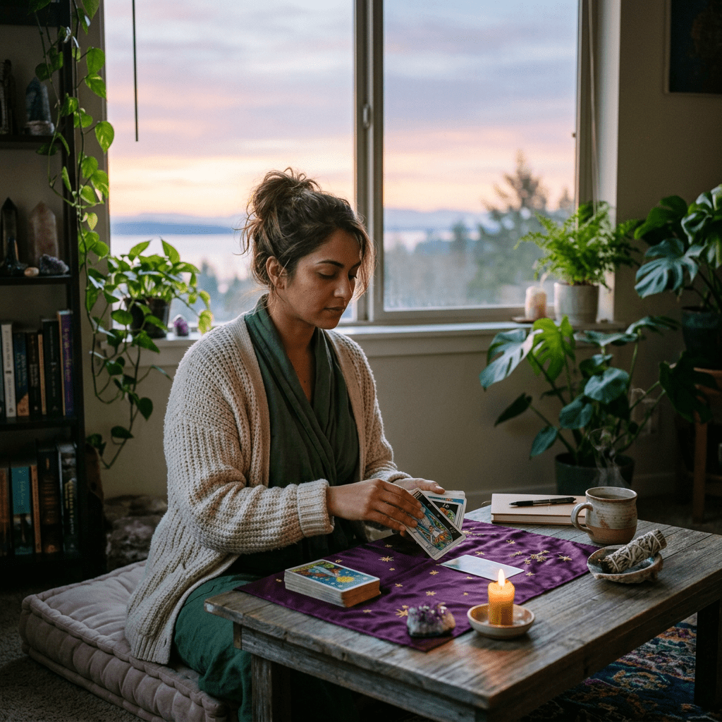 Woman shuffling tarot cards at wooden table with candle and plants