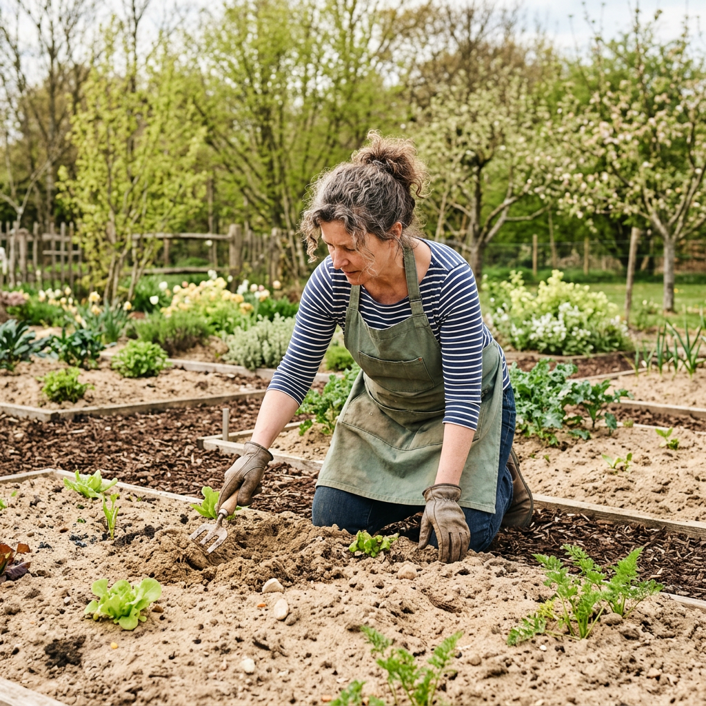 Woman kneeling in garden bed wearing gloves and apron, planting seedlings