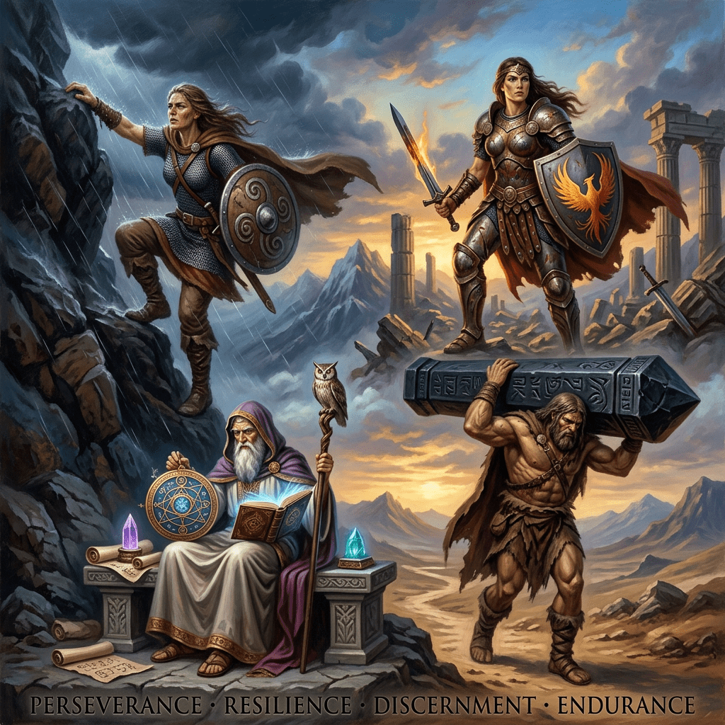 Four heroic figures representing virtues with medieval and mythical elements