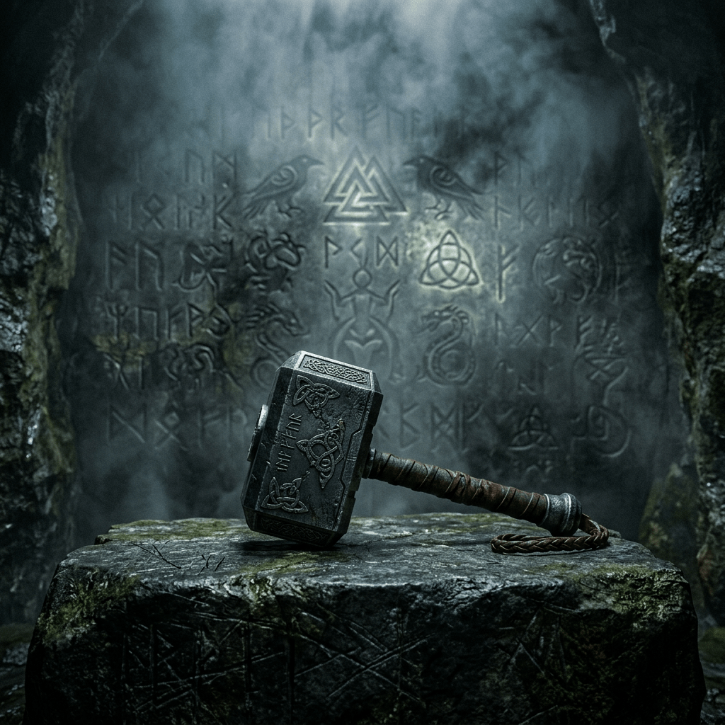Norse hammer with runic engravings lying on stone altar in misty cave