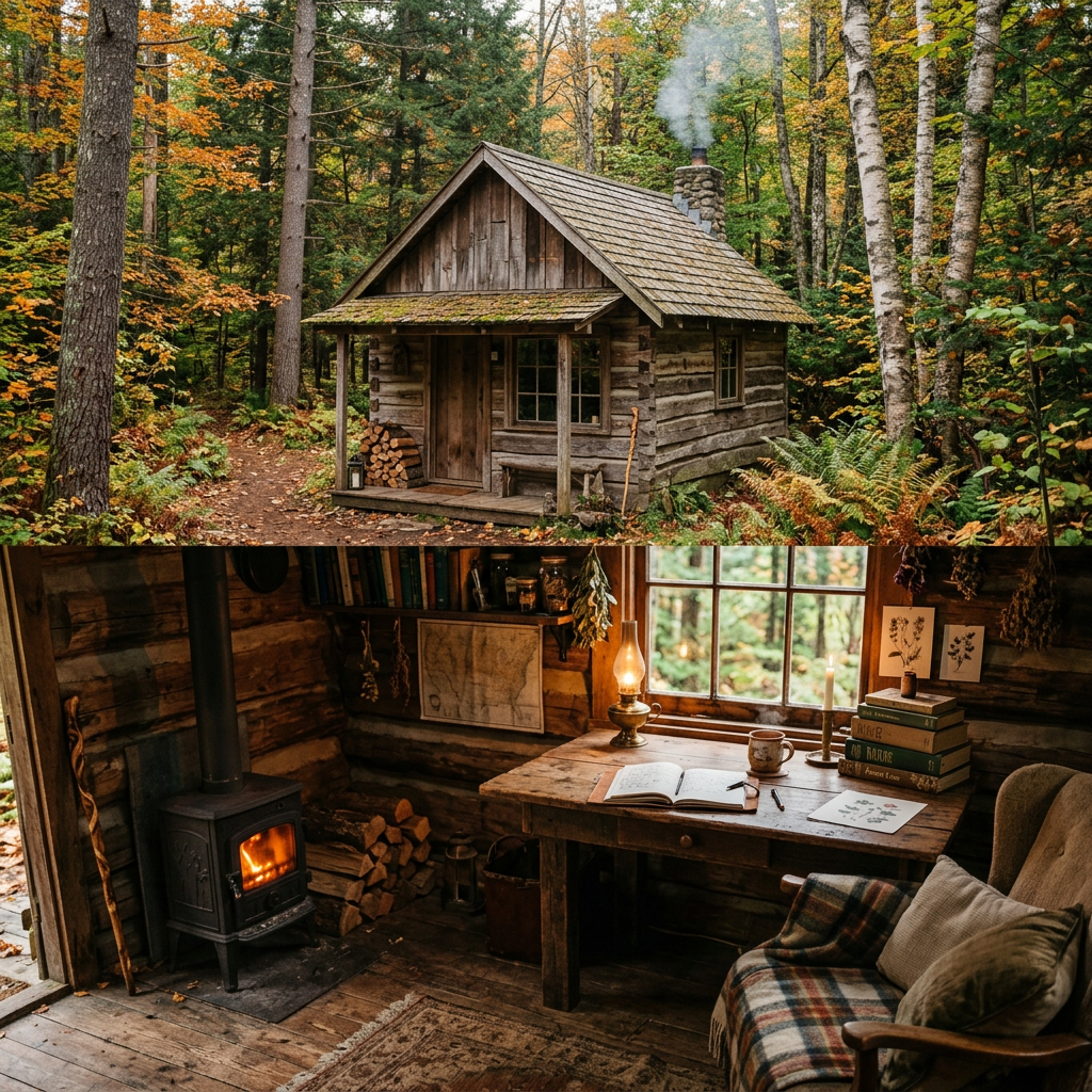 Small wooden cabin in forest with wood stove and cozy interior