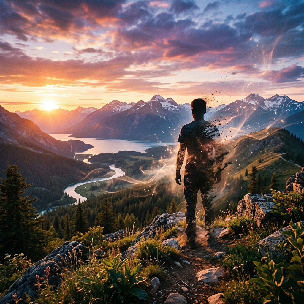 Silhouette of a person dissolving into glowing particles with a sunset mountain landscape