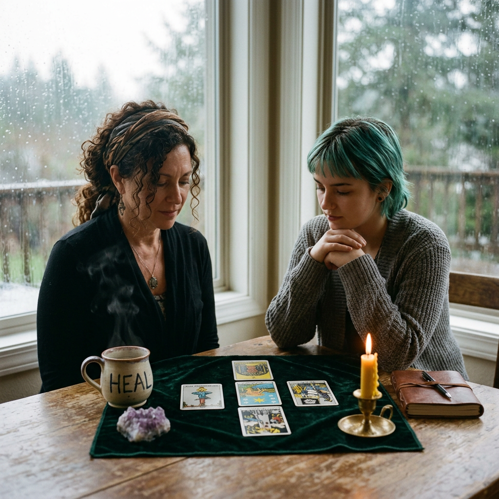 Two women sitting at a wooden table with tarot cards, candle, and healing mug