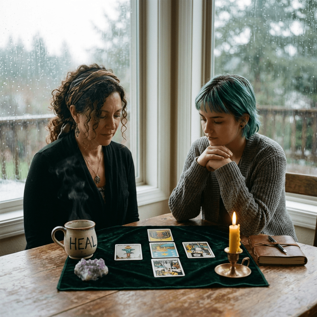 Two women sitting at a wooden table with tarot cards, candle, and healing mug