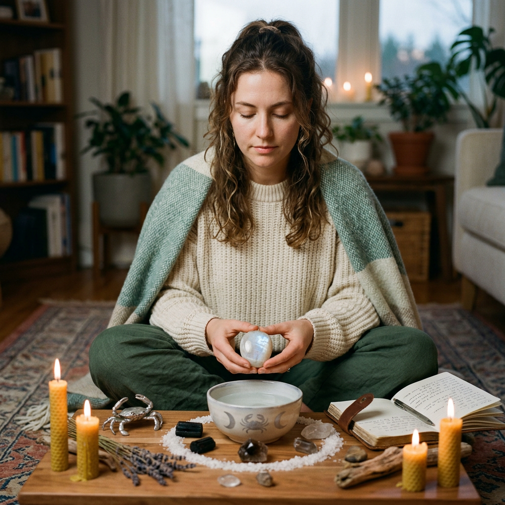 Woman sitting cross-legged meditating with crystals, candles, and a journal on a wooden table