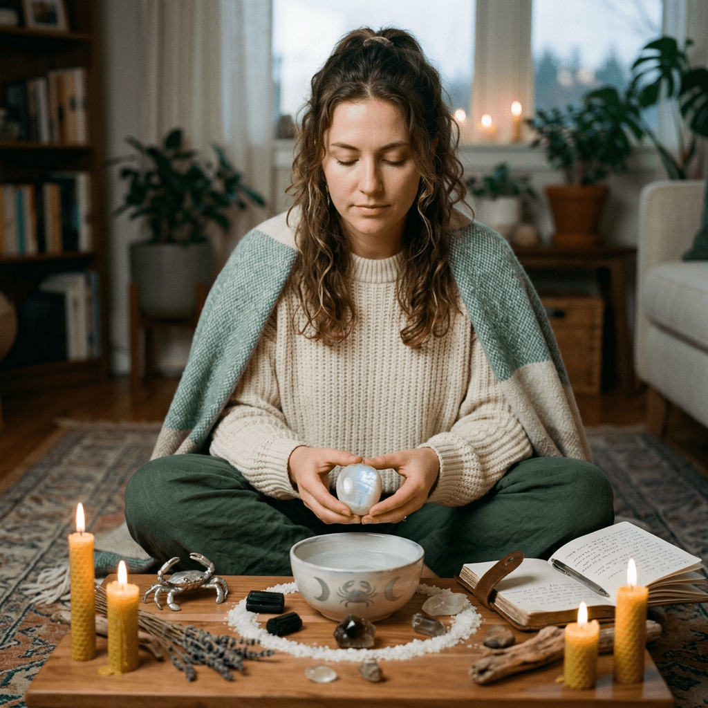 Woman sitting cross-legged meditating with crystals, candles, and a journal on a wooden table
