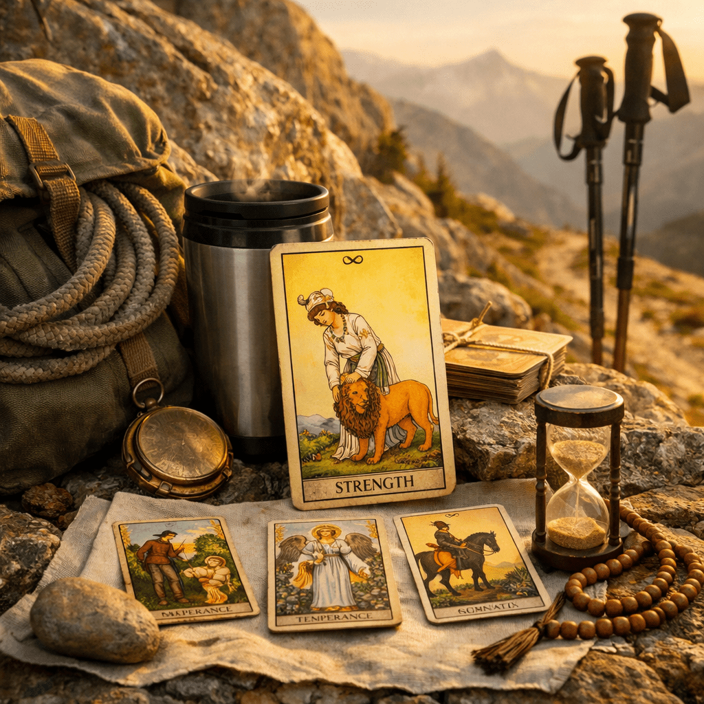Tarot cards including Strength, Temperance, and others displayed on a cloth with hiking equipment
