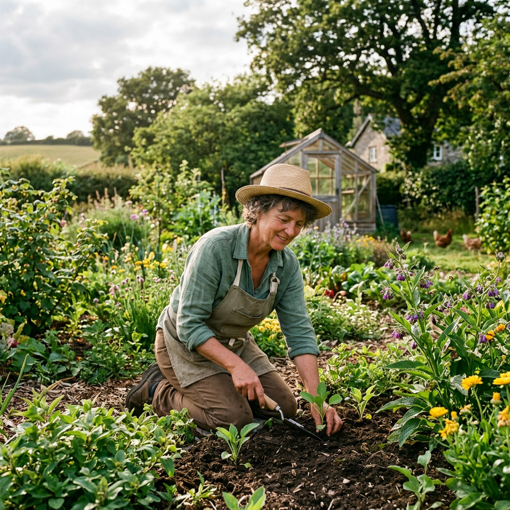 Woman kneeling and planting seedlings in a garden bed