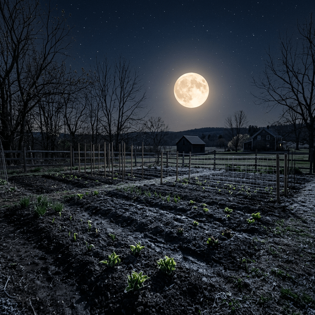 Young plants growing in garden beds under full moon and starry night