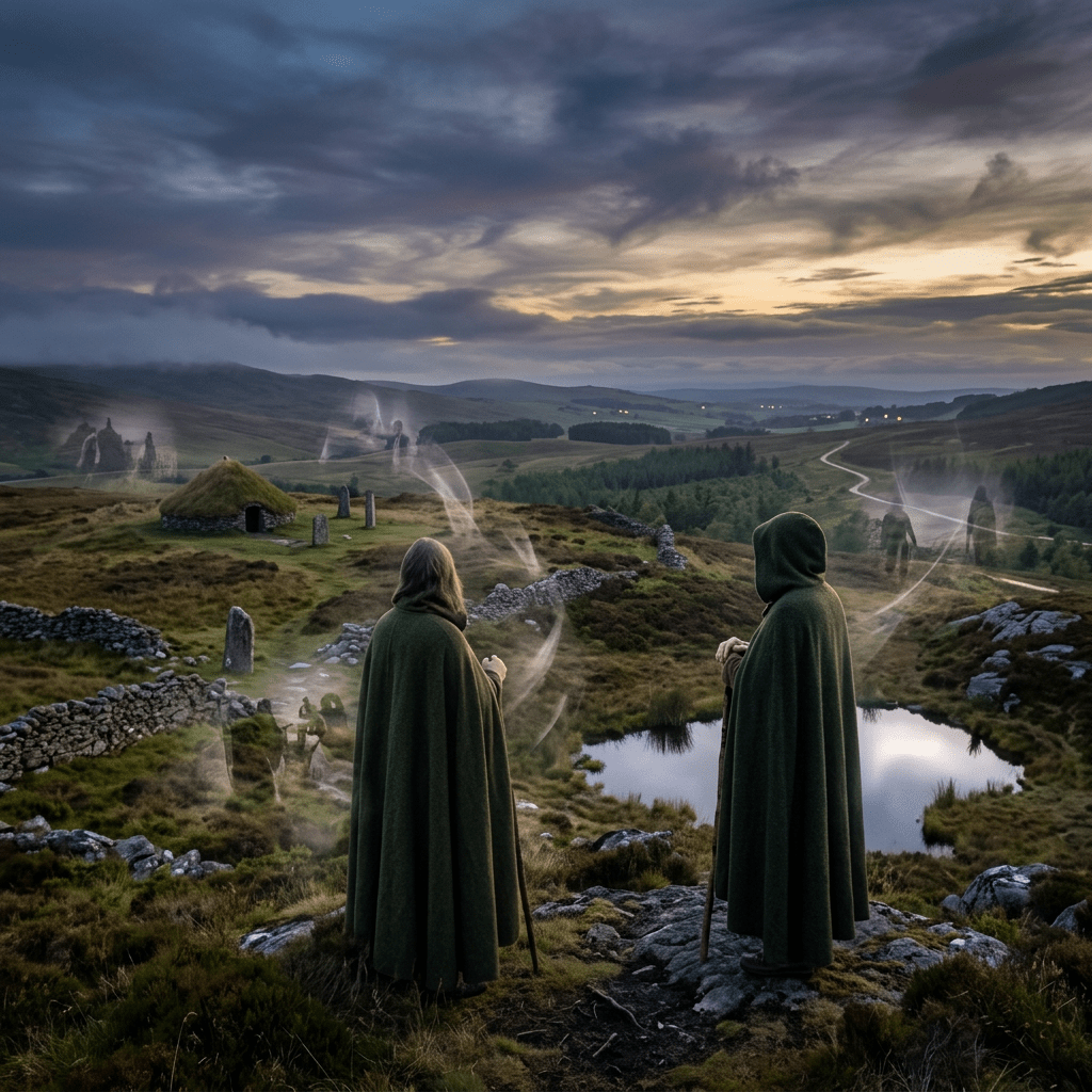 Two cloaked figures stand on a hill overlooking an ancient stone circle and round hut at dusk with smoky ghostly figures around.