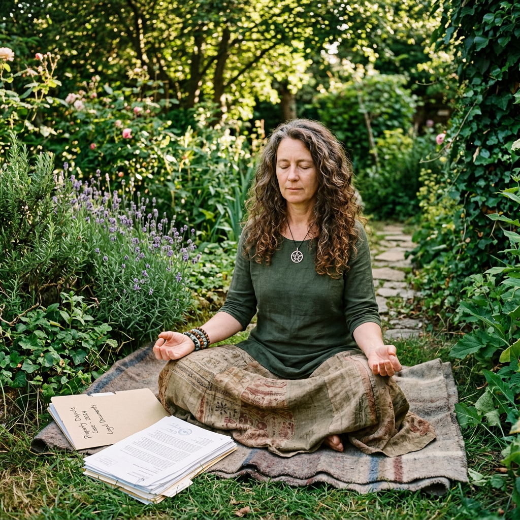 Woman sitting cross-legged meditating in garden with paperwork beside her