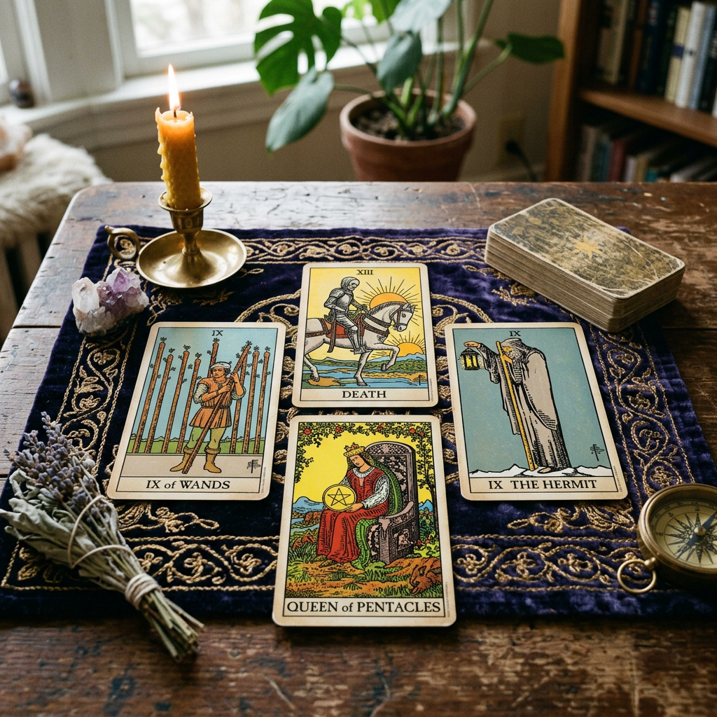 Four tarot cards: Nine of Wands, Death, Queen of Pentacles, Nine of the Hermit on a purple embroidered cloth with a lit candle, dried herbs, crystals, and a compass.
