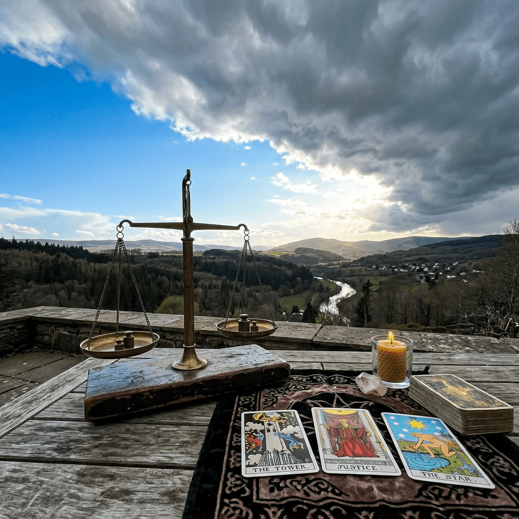 Tarot cards Justice, The Star, The Tower with a scale, candle, and scenic hill view