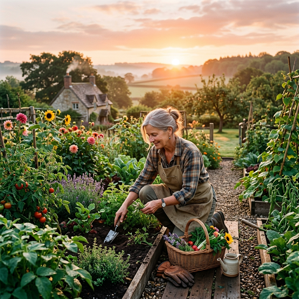 Woman tending to plants in a vegetable garden with flowers and a basket of fresh produce