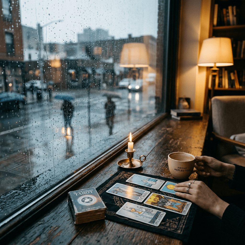 Tarot cards laid out on a cloth with a lit candle and a hand holding a mug by a rain-covered window