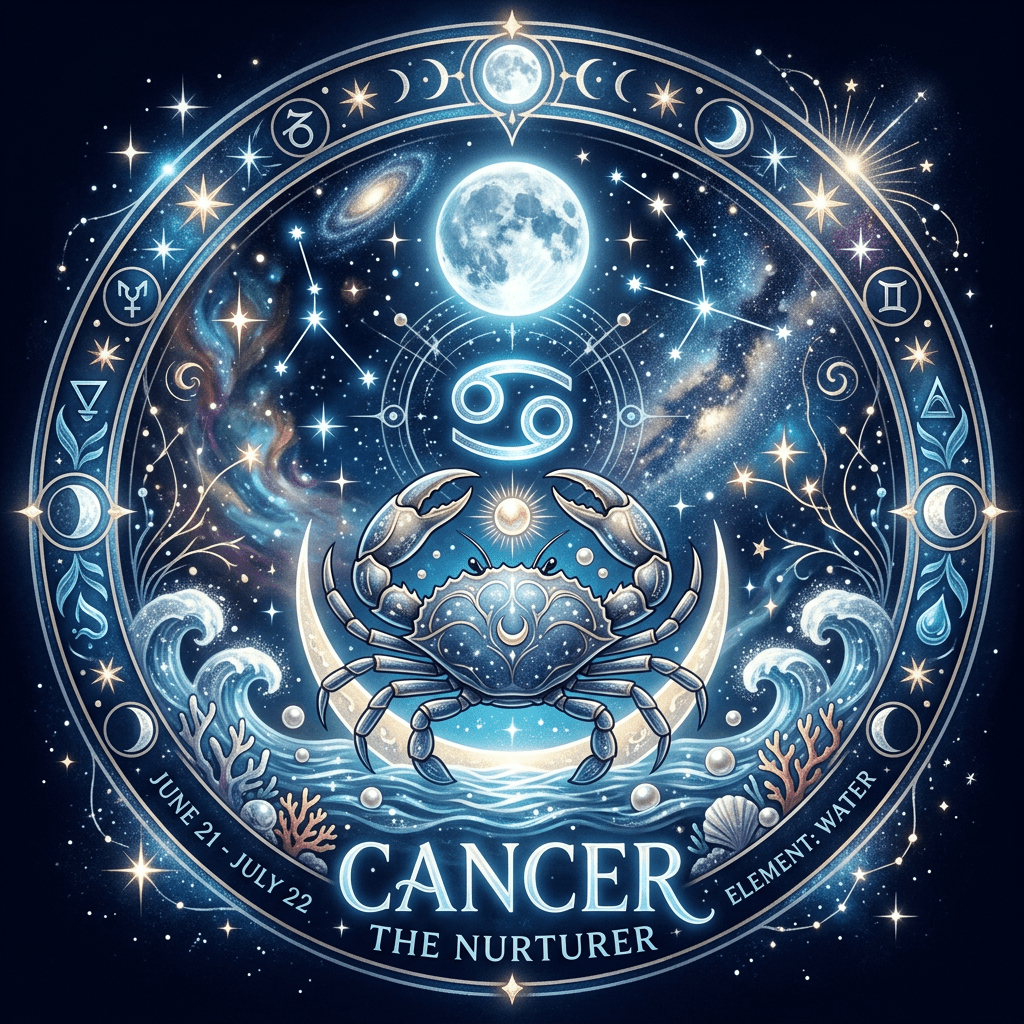 Cancer zodiac sign symbol centered above a decorative crab with moon, stars, and ocean elements