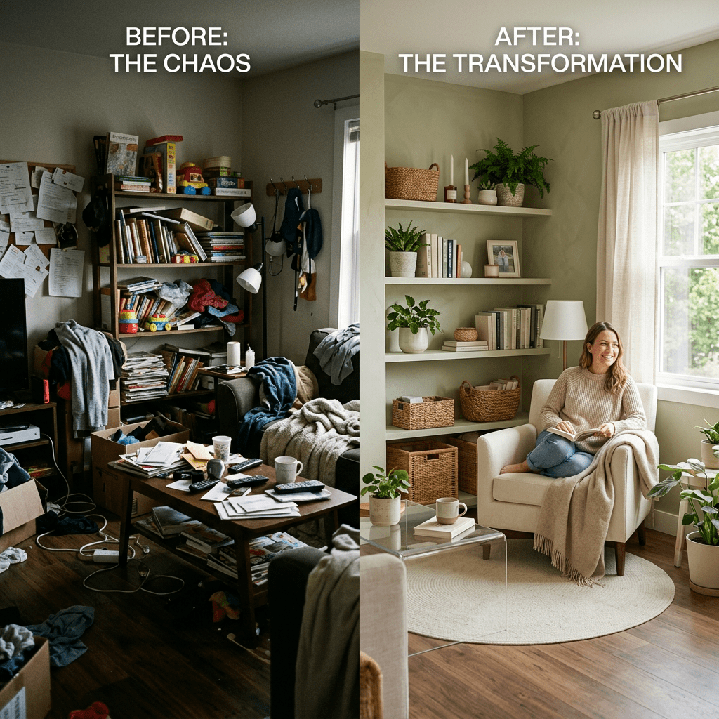 Living room before and after organization, cluttered on left, tidy and relaxed on right