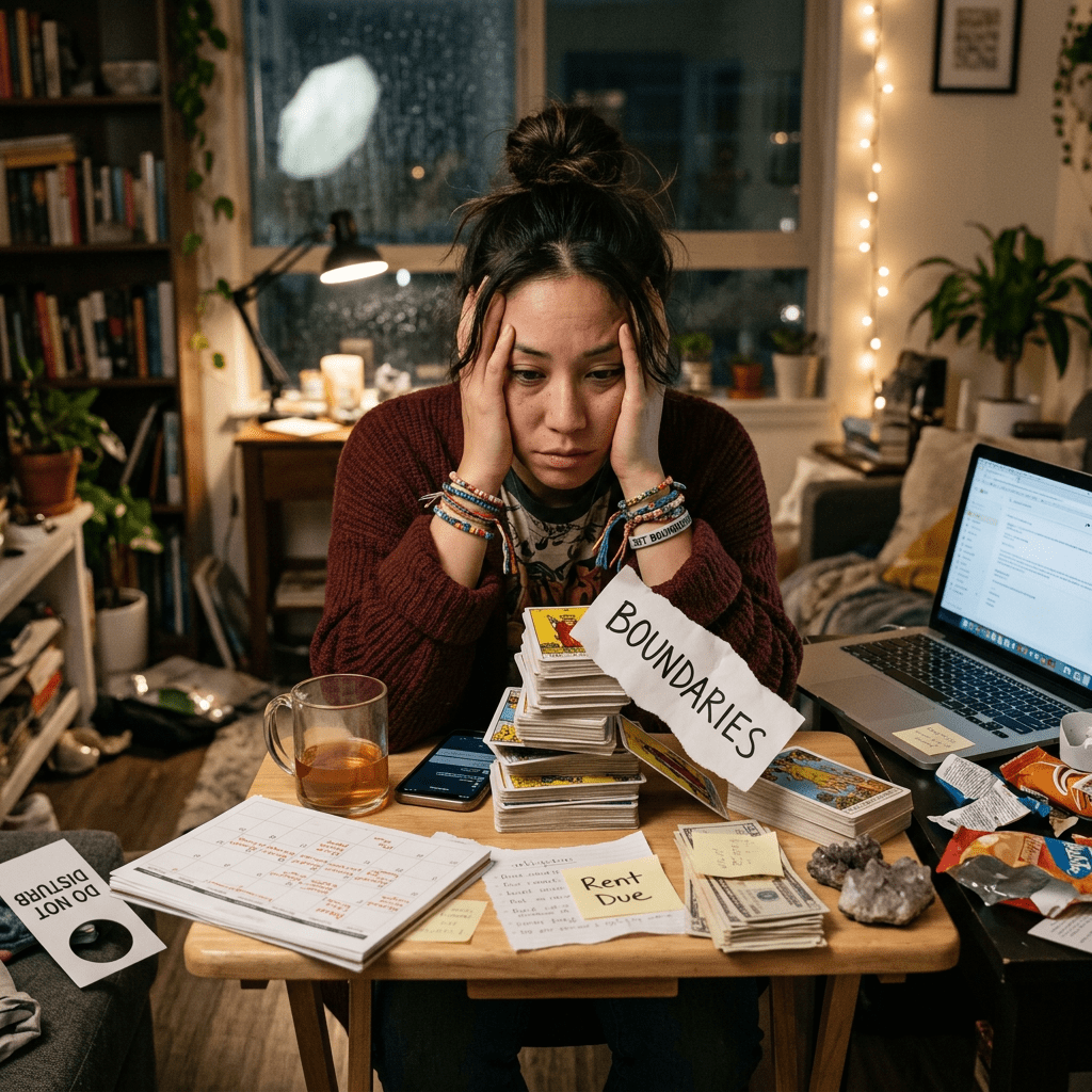 Young woman stressed sitting at a table with tarot cards, money, calendar, and notes about rent and boundaries