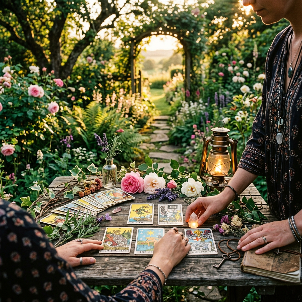 Two people performing tarot card reading outdoors surrounded by flowers and greenery