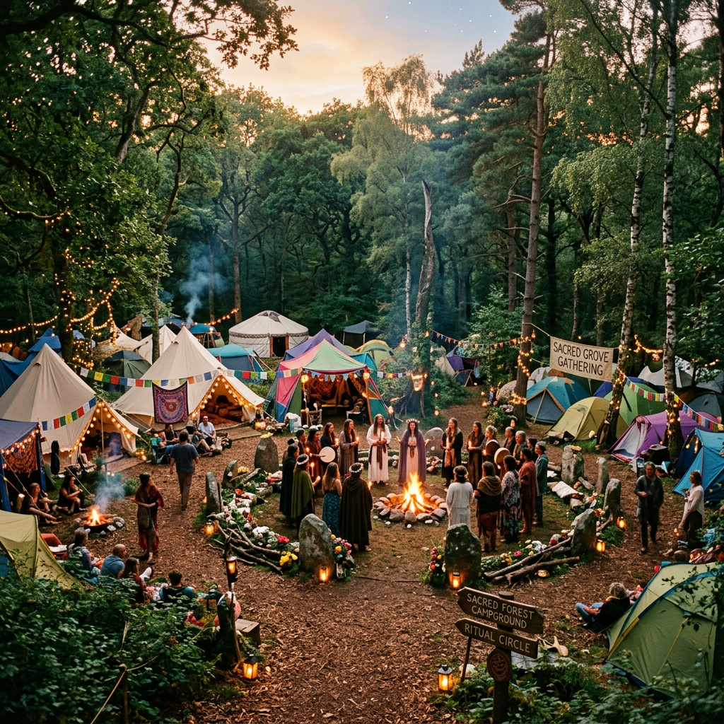 People standing in a ritual circle around a campfire with tents and festival decorations in a forest clearing at dusk
