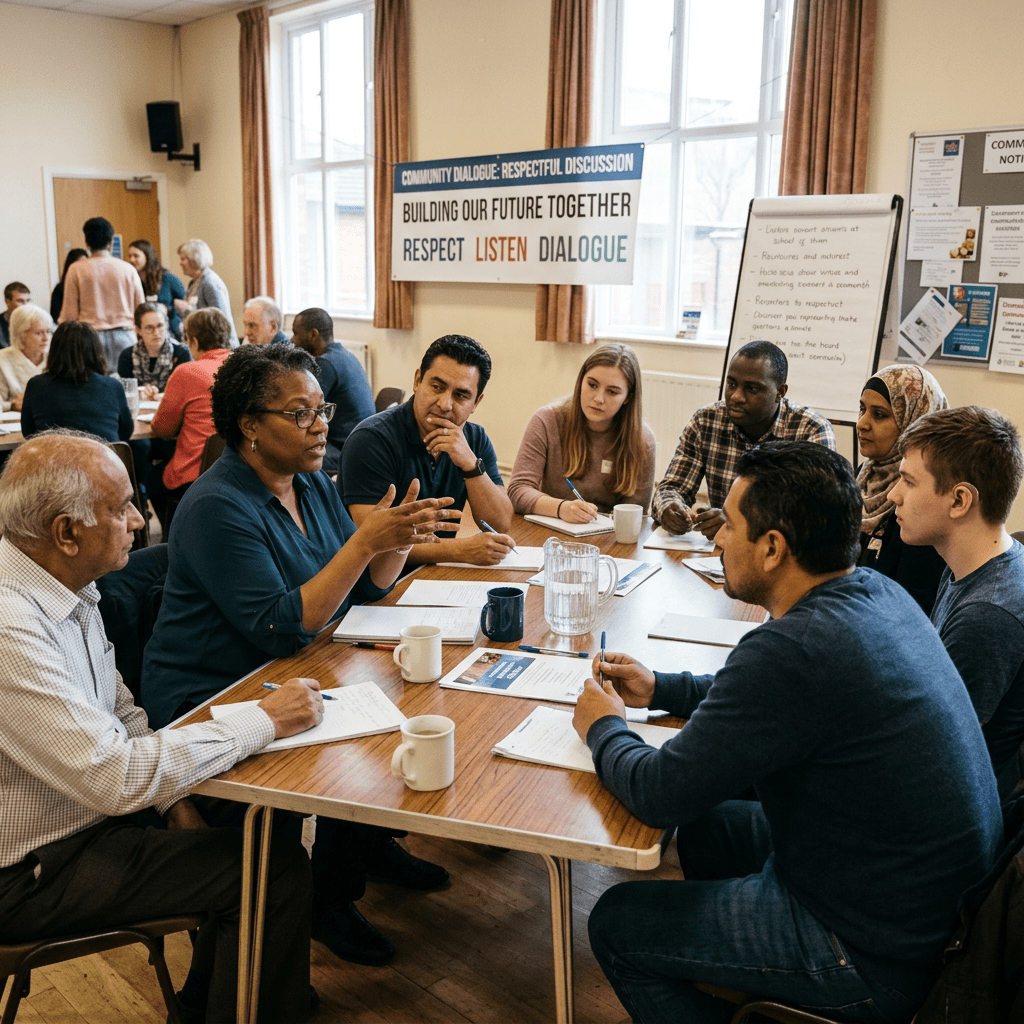 Diverse adults sitting around a table in discussion during a community dialogue meeting