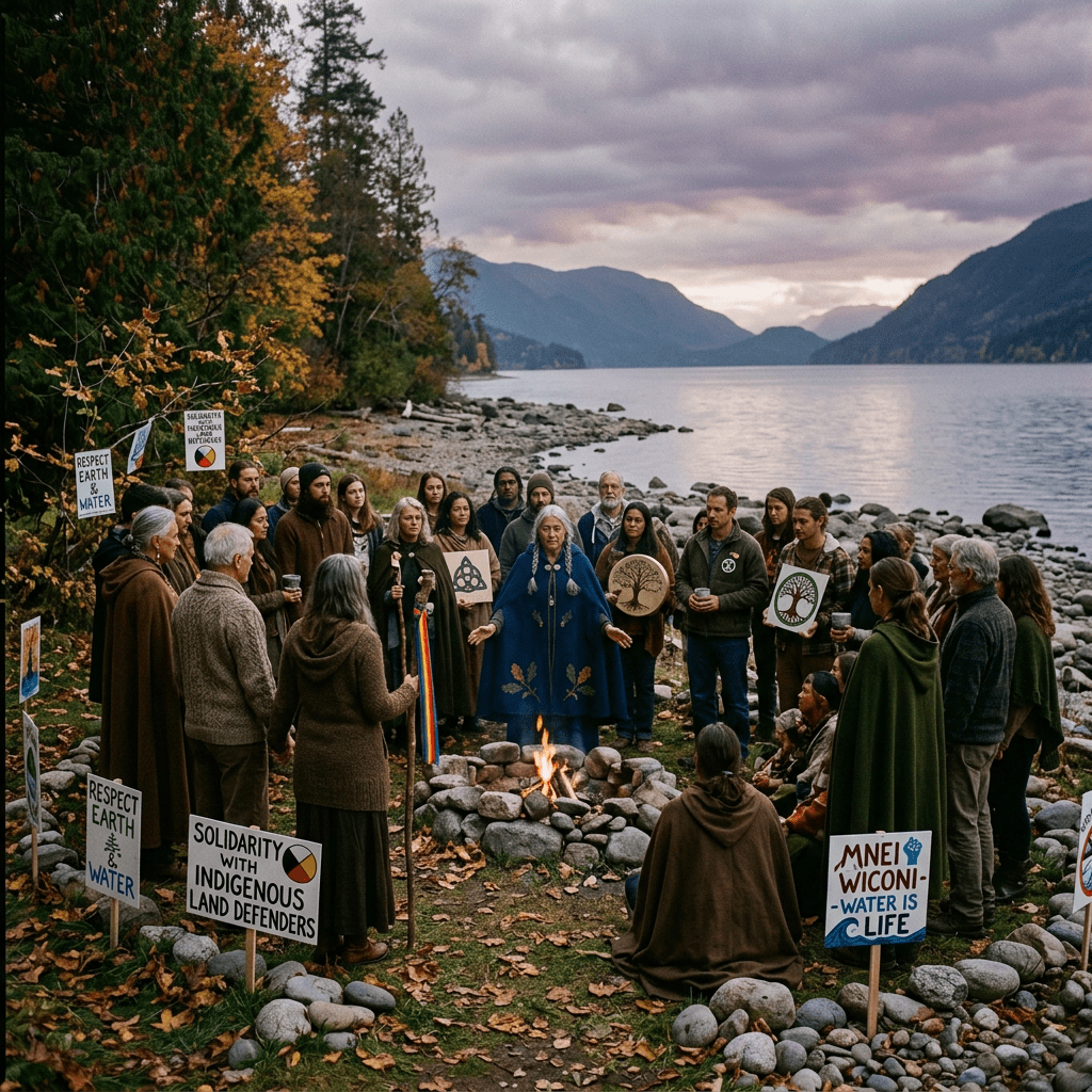 Group of people standing in a circle around a fire near a lake holding signs supporting Indigenous land and water rights
