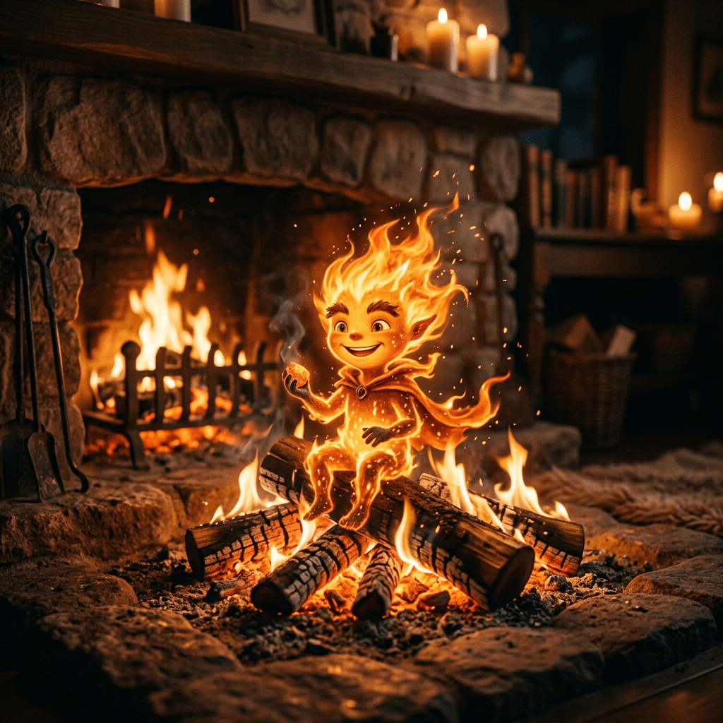 Animated fire spirit with a smiling face sitting on burning logs inside a stone fireplace